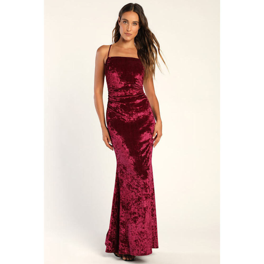 Lulus Your Every Wish Burgundy Crushed Velvet Ruched Maxi Dress Purple - Size L